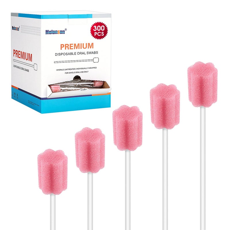 Melonsun 300 Pcs Oral Swabs Disposable - Longer Unflavored & Sterile Dental Sponge Swabsticks - Individually Wrapped, Medical Grade, Latex-Free for Oral Care & Mouth Cleaning (Pink 300) - Image 1